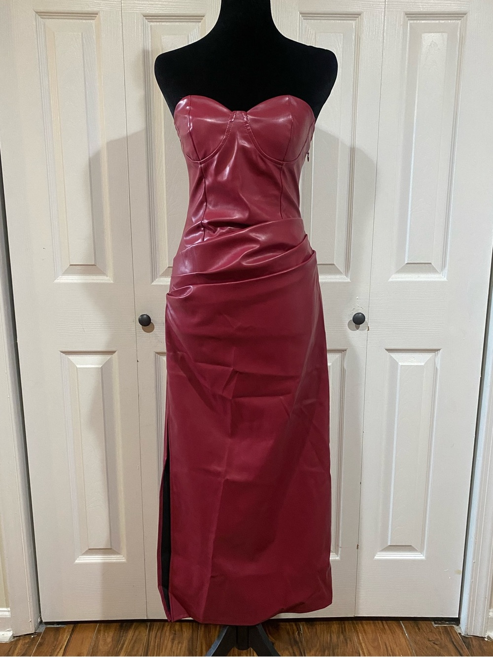 Wine Red Sleeveless Faux Leather Bodycon Maxi Dress with Back Lace Up